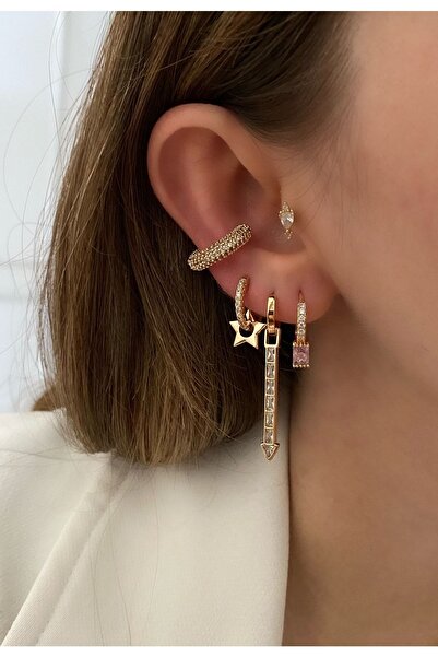 Pinery Jewels Full Zirkon Taş Altın Kaplama Kıkırdak Küpe