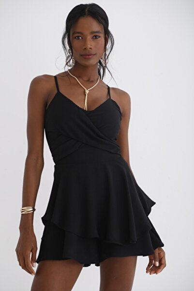 FASHION COCKTAIL Skater Kokteyl Volanlı Askılı Kabarık Etek Fermuarlı Mini Esnek Şort Tulum Siyah