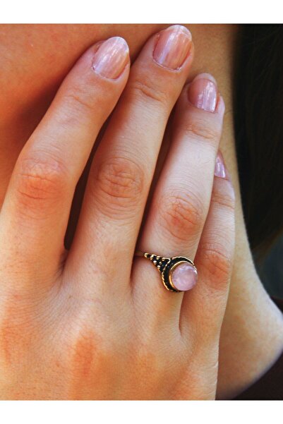 esha Doğal Taş Yuvarlak Pembe Kuvars Doğal Taşlı Kadın Ayarlanabilir Yüzük eu...