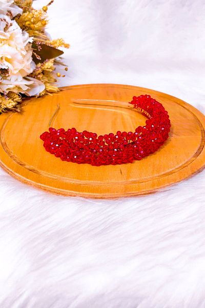 SimgeAksesuar Fully Handmade Red Colored Crystal Stone Stylish and Elegant Engagement and Henna Crown, Hair Accessory