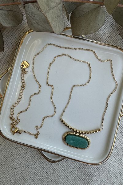 fuya design Turquoise Stone Horizontal Steel Necklace - 50cm