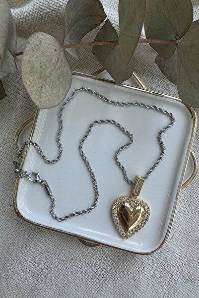 fuya design قلادة قلب فولاذية مقاس 50 سم - في سلسلة ملتوية بلونين