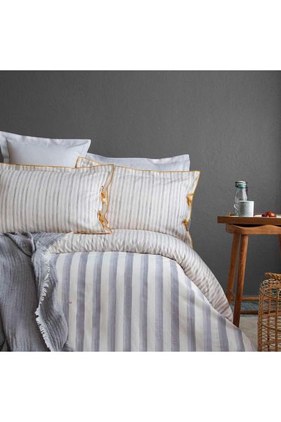 Apricitas HOME طقم غطاء لحاف سرير مزدوج من الموسلين بيج - مخطط