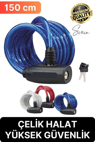 Svein Premium Anahtarlı Çelik Halatlı Dayanıklı Bisiklet Motosiklet Scooter Kilidi 150 cm Güvenli Pratik