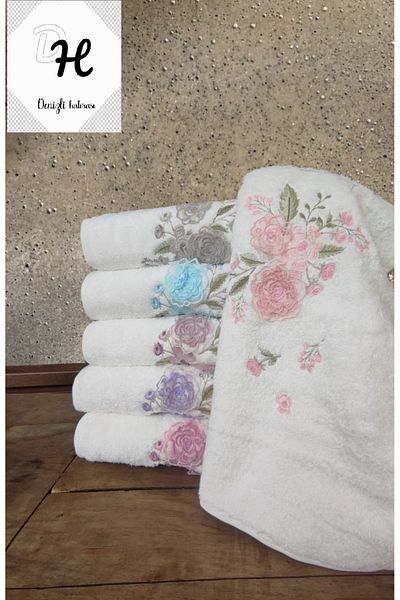 Nurpak 6 Pieces Bamboo Towel Set - 30x50cm, Rose Embroidered, 780 Model