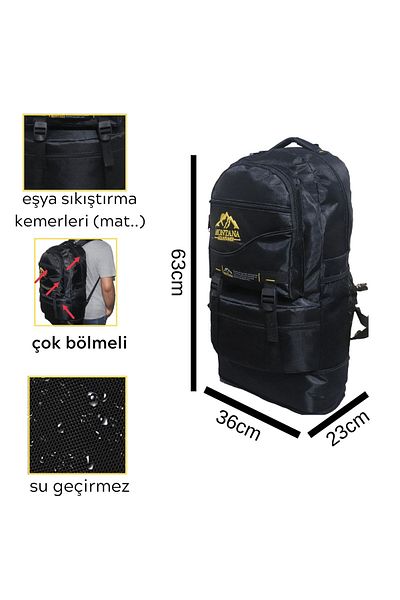 MONTANA Rucsac Mountainer 55+10 litri, negru, rezistent la apă, cu mai multe compartimente