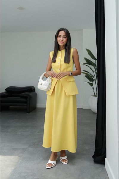 buqre's moda Asymmetrical Vest and Long Skirt Set - Pearl Button Detail