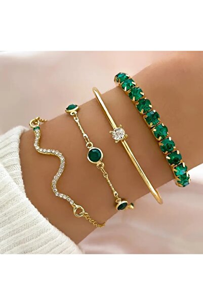 Silpus 4 adet/takım Zarif Yeşil Zirkon Taş Zincir Yılan Bileklik