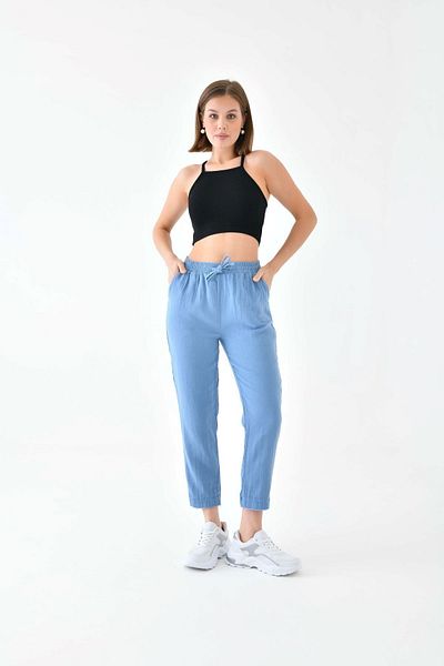 enmodaiçgiyim Μπλε 100% βαμβακερό ύφασμα μουσελίνα Skinny Leg Γυναικείο παντελόνι