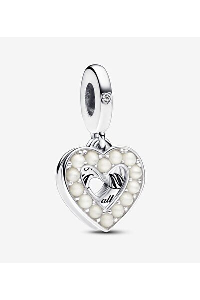 Lines Bijuteri Sedefli Beyaz Kalp Çift Sallantılı Charm