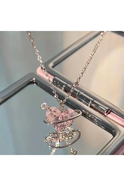 Silpus Çelik Kararmaz Pembe Taşlı Kalp Kolye Gümüş