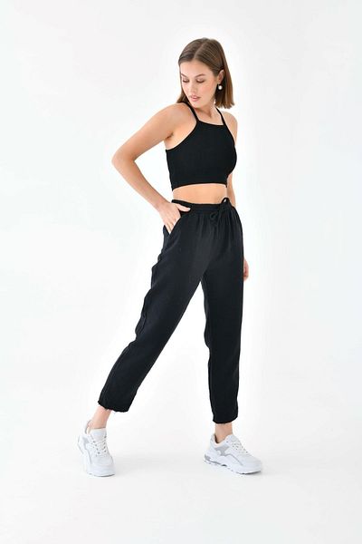 enmodaiçgiyim Pantaloni de damă din țesătură muselină neagră 100% bumbac – pantaloni casual cu picioare înguste, buzunare, model confortabil