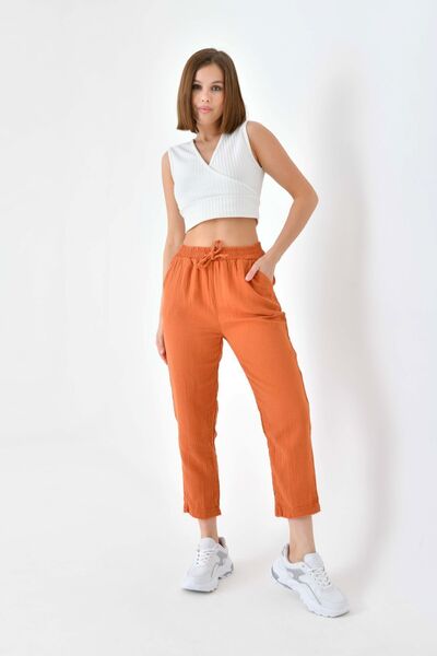 enmodaiçgiyim Γυναικείο παντελόνι από ύφασμα μουσελίνας 100% βαμβακερό πλακάκι – στενό παντελόνι, άνετο καθημερινό παντελόνι με τσέπες