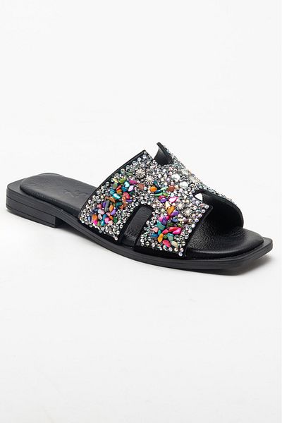 PASSAGE SHOES Истински велурени дамски чехли - Детайли с камъни, Модел 6292