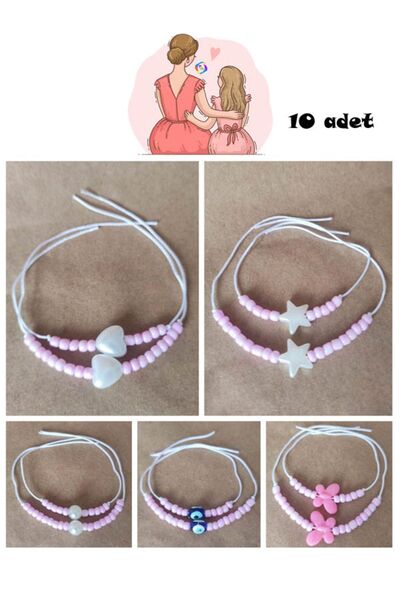 BEYHAN BAYHAN 10 Adet İp Bileklik - Anne Kız Bileklik Seti Pembe