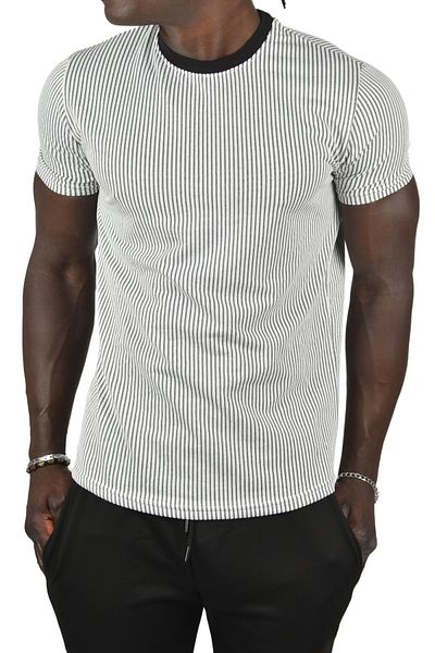 DeepSEA Μπλουζάκι με γκρι ριγέ Slim Fit Waffle - Crew Neck, Lycra 2403209
