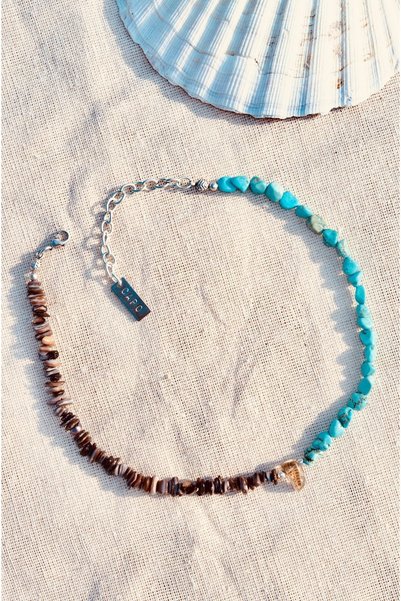 Capo by Aytaç Yamaç Mother of Pearl Turquoise Smoky Quartz Pendant, Natural Stone Necklace, Negative Energy Repelling