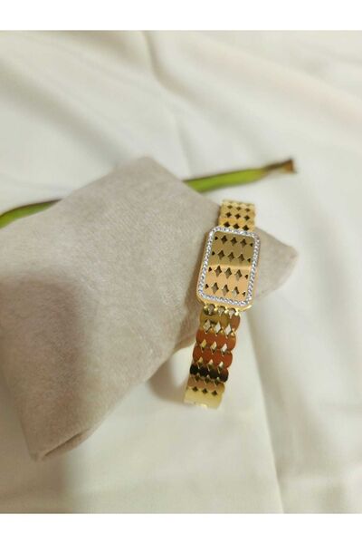 Lale Concept Embroidered Baguette Model Steel Handcuff Bracelet