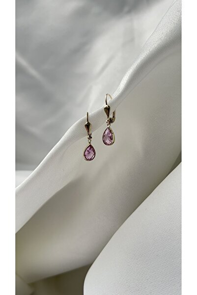 Goldstation 14 Ayar Altın Küpe Zirkon Damla Taşlı(PEMBE)