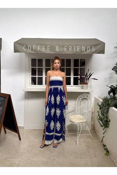 buqre's moda Strapless Gipe Detailed Ethnic Patterned Slit Jumpsuit