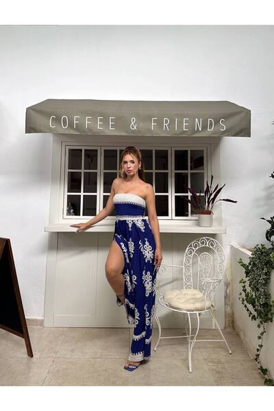 buqre's moda Strapless Gipe Detailed Ethnic Patterned Slit Jumpsuit