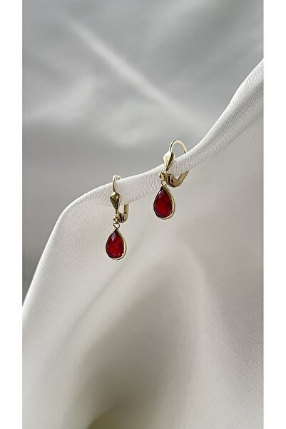 Goldstation 14 Ayar Altın Küpe Zirkon Damla Taşlı(KIRMIZI)