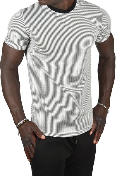 DeepSEA Μπλουζάκι με γκρι ριγέ Slim Fit Waffle - Crew Neck, Lycra 2403209