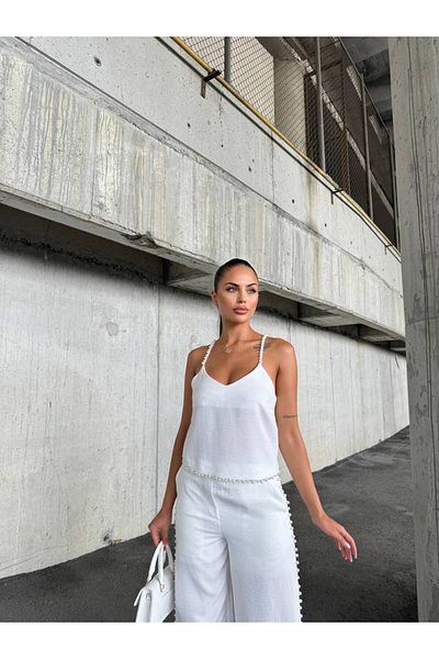 1Moda1Tarz White Linen Set - Pearl Detailed Blouse and Trousers Set