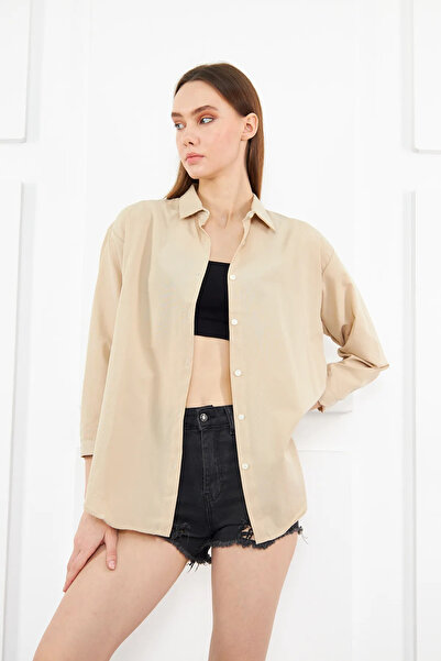 brako tekstil Kadın Krem Oversize Uzun Basic Gömlek