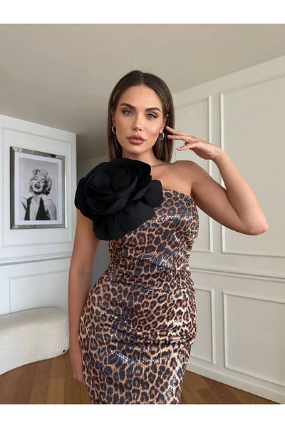 1Moda1Tarz Γυναικείες εισαγόμενες παγιέτες ύφασμα λεοπάρ μοτίβο ροζ λεπτομέρεια επένδυση επώνυμα φόρεμα