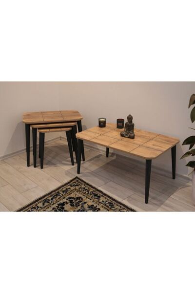 KLT Modüler Zigon Sehpa 3'lü Ve Orta Sehpa Takımı Petek Çizgili Model Çam Renk