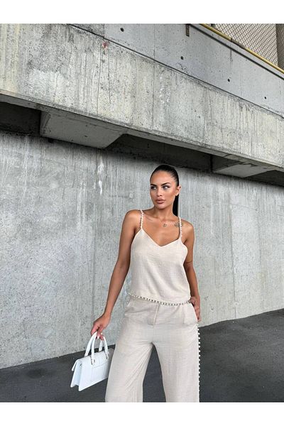 1Moda1Tarz Linen Fabric Women's Blouse and Trousers Set - Pearl Detailed, Cream Color