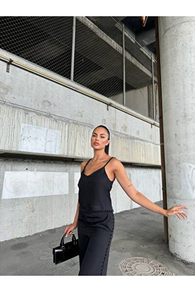 1Moda1Tarz Black Linen Set - Pearl Detailed Blouse and Trousers Set