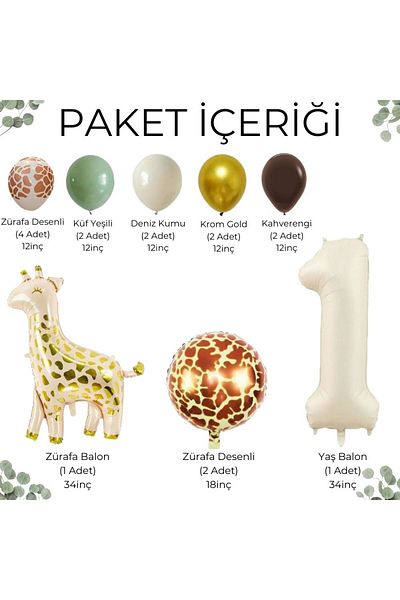 Konsept Sepeti 1 Year Safari Giraffe Patterned - Mildew Green and Chrome Gold Sea Sand Balloon Party Set