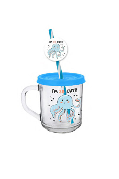 GKN Online كوب زجاجي منقوش للأطفال بمقبض زجاجي مع قش 246 سم مكعب
