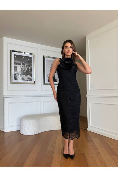 1Moda1Tarz Μαύρη δαντέλα και ύφασμα Guipure - Γυναικείο φόρεμα με λεπτομέρεια τριαντάφυλλου