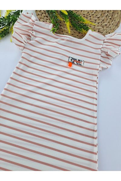 Butik Rochie cu dungi pentru fetiță - mânecă cu volan brodat, două opțiuni de culoare diferite