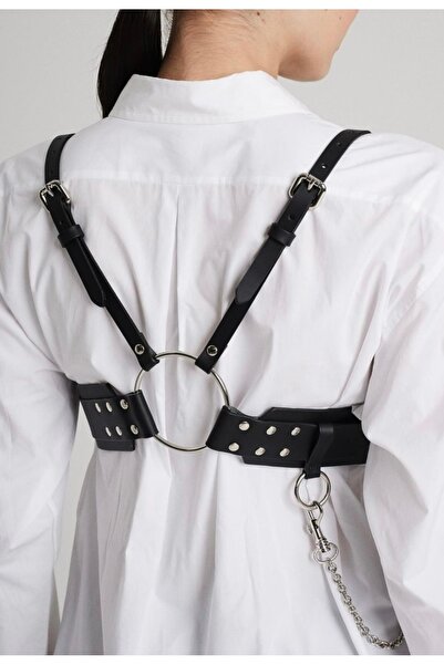 Sweet Demon Stylish Leather Body Accessory with Adjustable Strap - Ring and Chain Detail, Metal Clothing