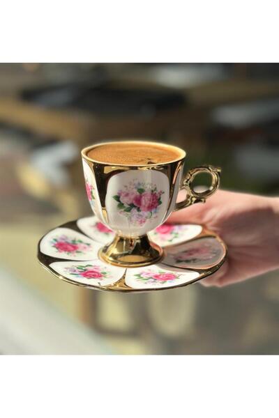 Onedekor فنجان قهوة وردي فاخر - طقم بورسلين 6 قطع