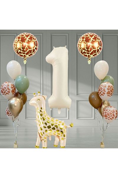 Konsept Sepeti 1 Year Safari Giraffe Patterned - Mildew Green and Chrome Gold Sea Sand Balloon Party Set