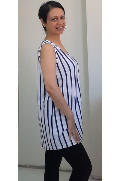 Mertcan Butik White Indigo Blue Navy Blue Striped Thick Strap Combed Viscose T-Shirt