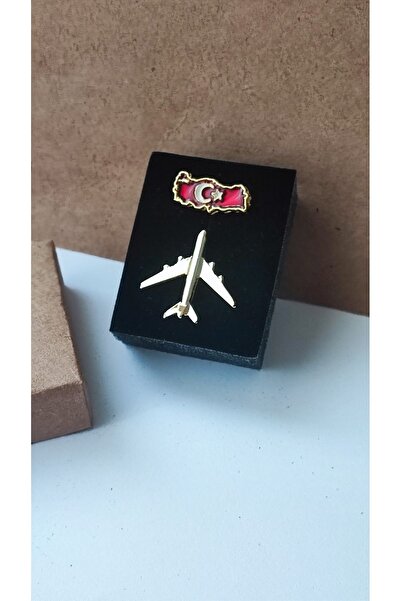 cacatasarım Türk Bayrağı Haritalı Ve Uçak Yaka Rozeti 2 Li Gold Metal Broş Hediyelik Unisex Pilot Hostes