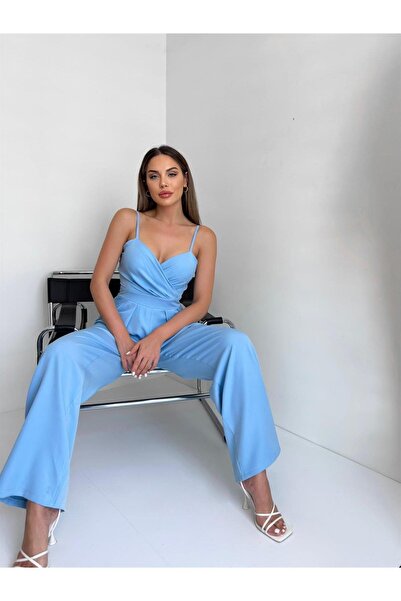 BEAUTY FASHİON Kadın Bebe Mavisi Abiye Tulum Göğüs Pile Detay Bol Paça Krep K...