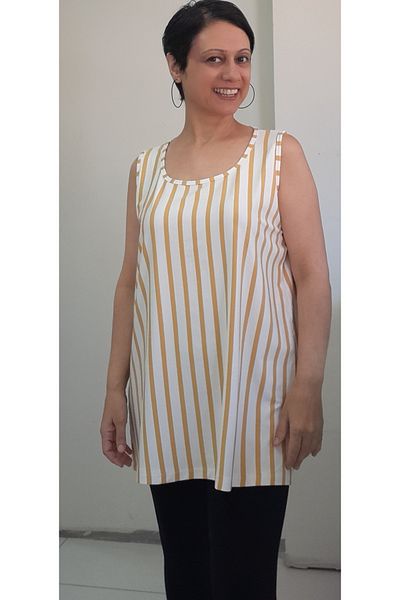 Mertcan Butik Mustard White Striped Viscose Thick Strap T-Shirt