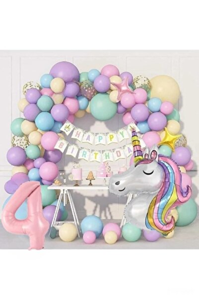 Bkmc Kız Çocuklar Için 4 Yaş Unicorn Lüks Doğum Günü Parti Seti Süsü