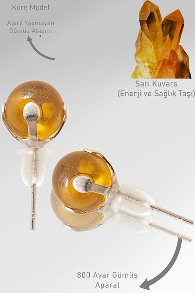 Tesbih Atölyesi Real Yellow Lemon Quartz Stone - Natural Stone Earrings with Dot Detail
