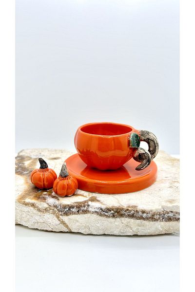 Port Aksesuar Handmade Ceramic Cup with Pumpkin Design 120ml