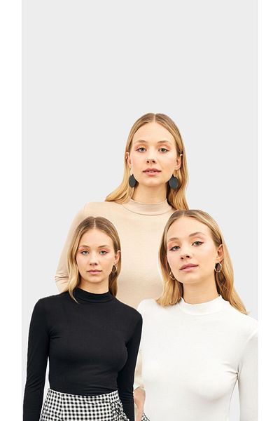 Bukamiss White Black Cream - 3-piece Turtleneck Women's Bodysuit