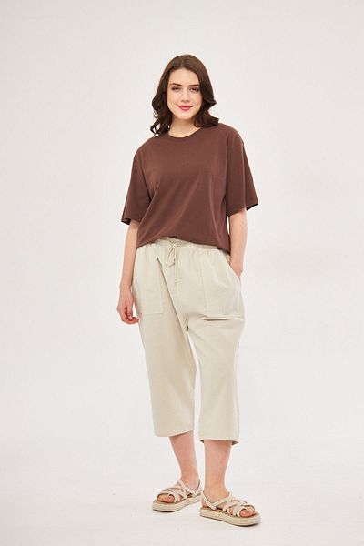NASIFOĞLU GİYİM Women's 100% Cotton Beige Elastic Waist Linen Capri Comfortable Loose Fit Cool Capri