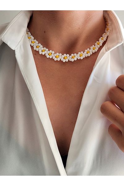 Eva Takı 4mm Crystal Beaded Daisy Model White Yellow Necklace and Bracelet Set - Handmade